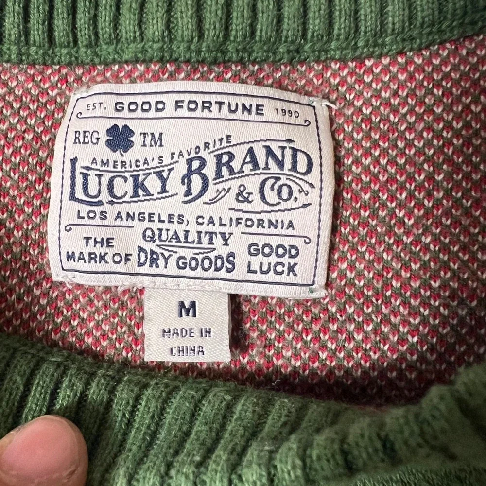 Lucky Brand Mens Castrol Motor Oil Graphic Knit Crewneck Sweater Green Medium